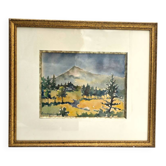 Framed watercolor by Henri Lindegaard 1975 - Forest and mountain landscape