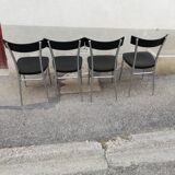 Set of 4 vintage chairs chrome and black wood