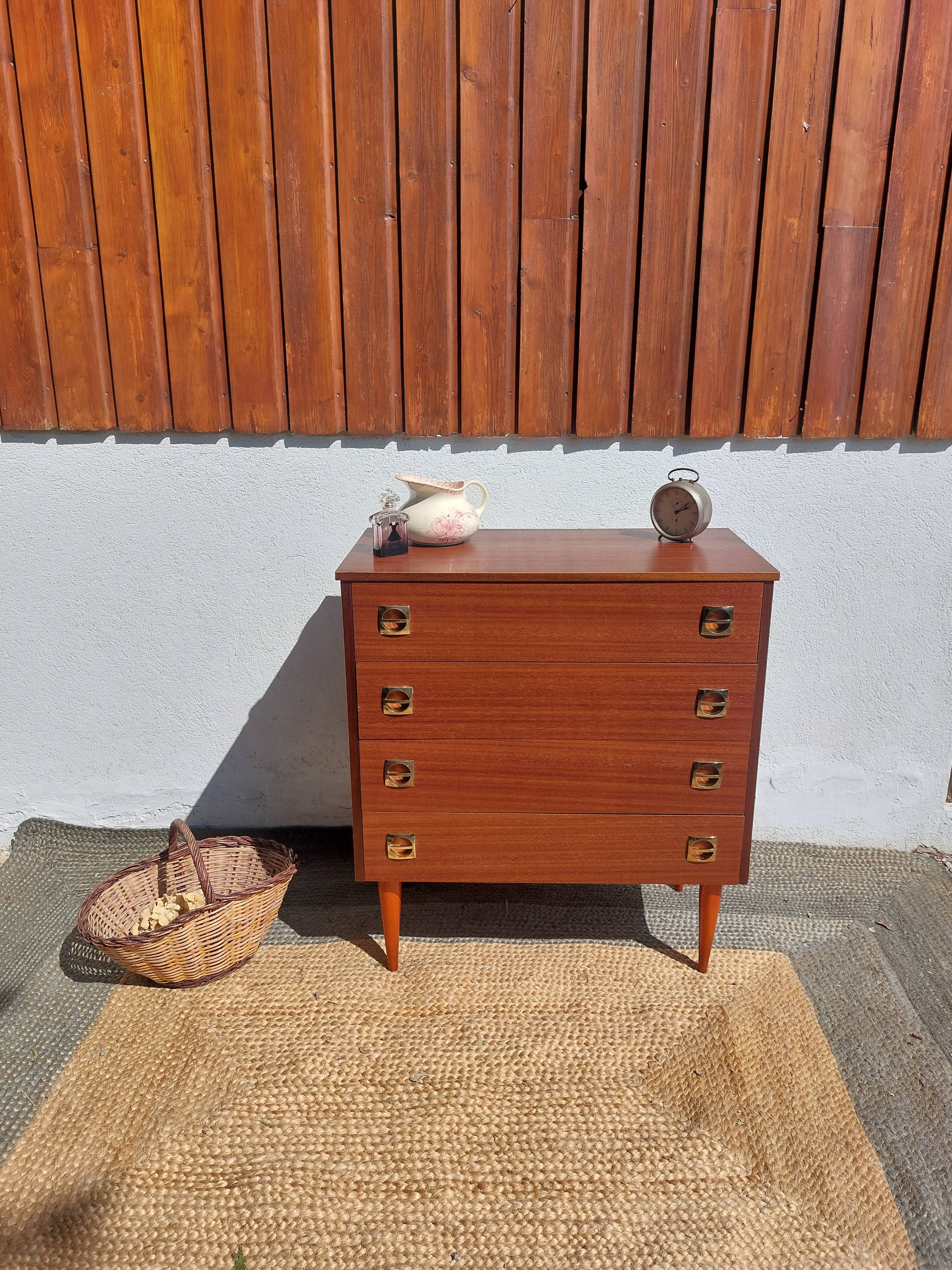 1960s chest of drawers, spindle legs, recessed handles
