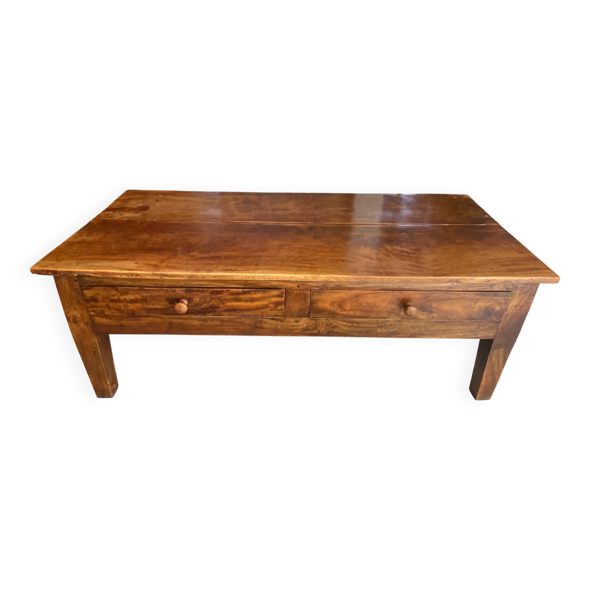 Rustic farmhouse coffee table made of solid wood with 2 drawers from the 1930s.