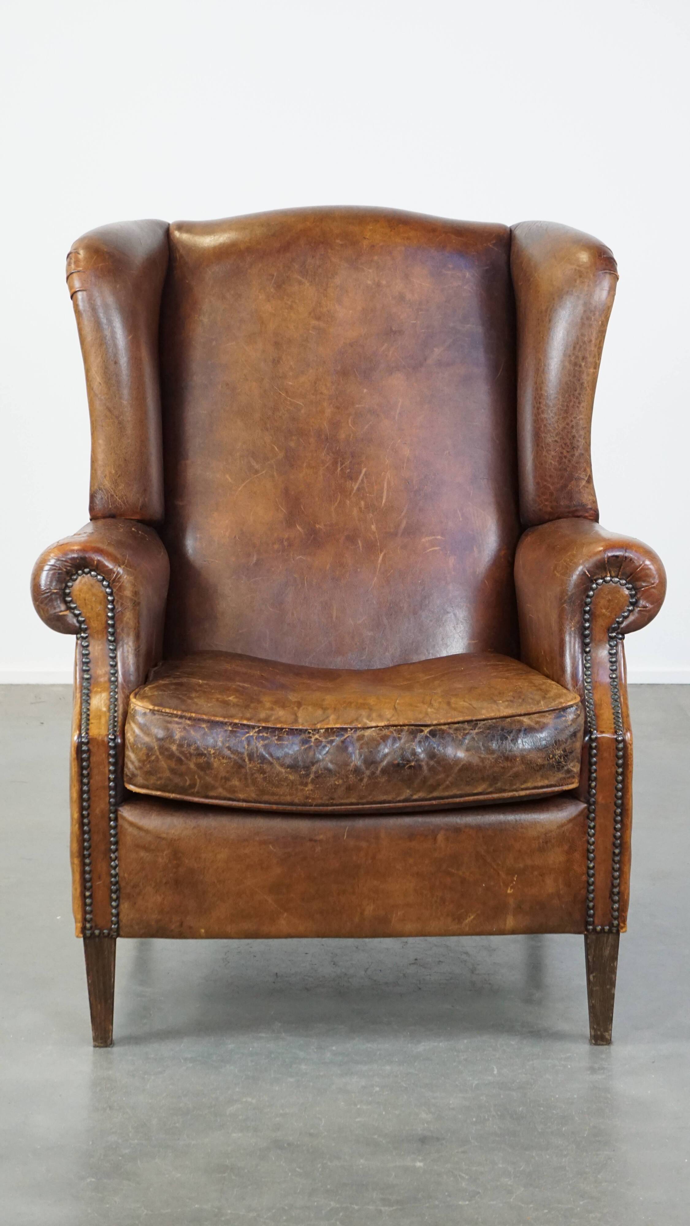 Large Vintage English-Style Sheepskin Leather Wingback Armchair