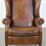 Large Vintage English-Style Sheepskin Leather Wingback Armchair