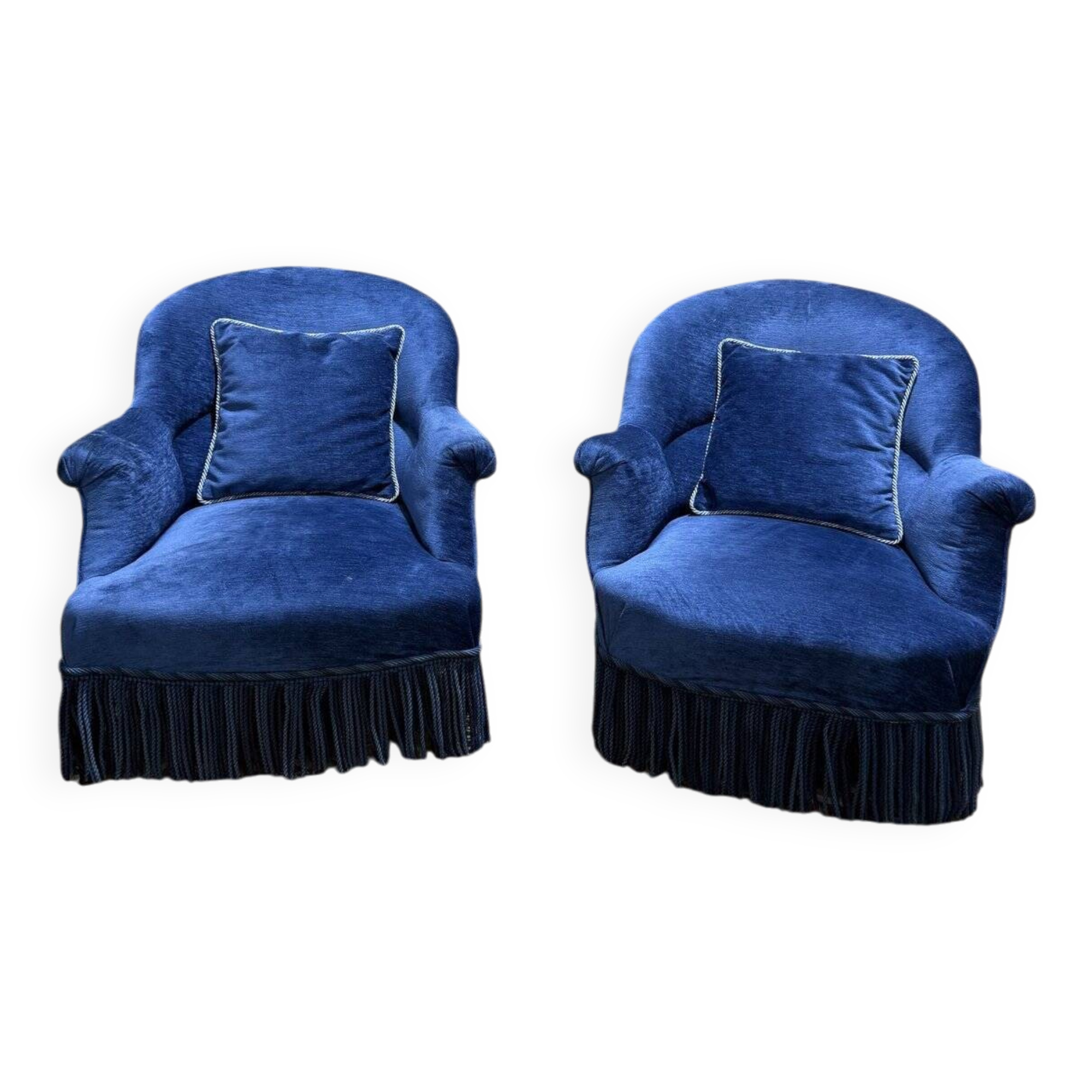 Paire de fauteuils crapaud Napoléon III en velours bleu