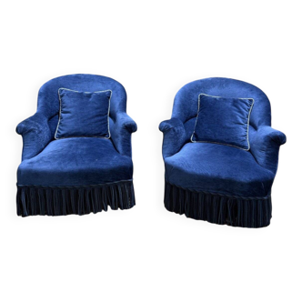 Pair of Napoleon III blue velvet frog armchairs