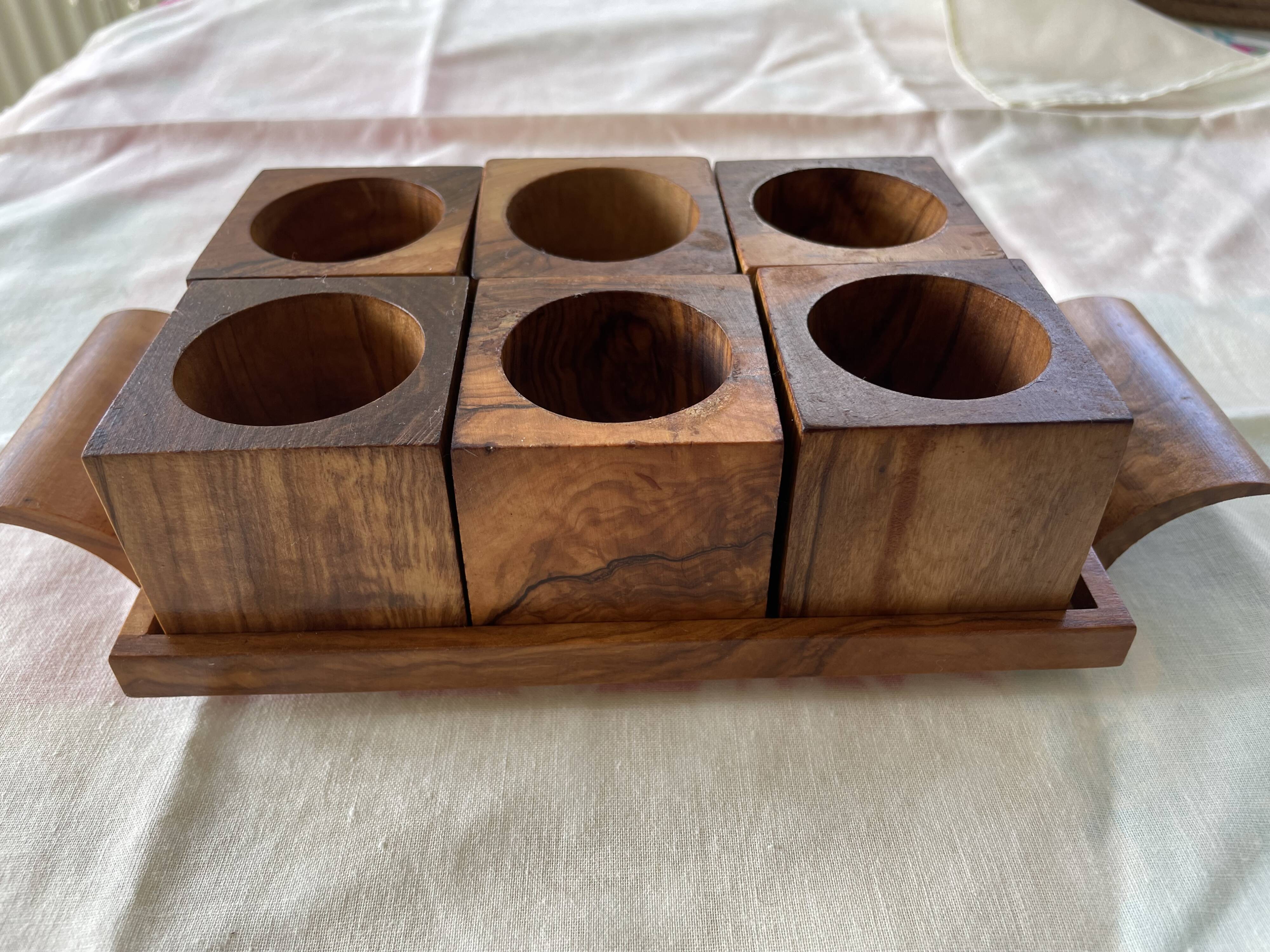 6 cube egg cups on tray with handles Olive wood Vintage 1970