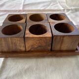 6 cube egg cups on tray with handles Olive wood Vintage 1970