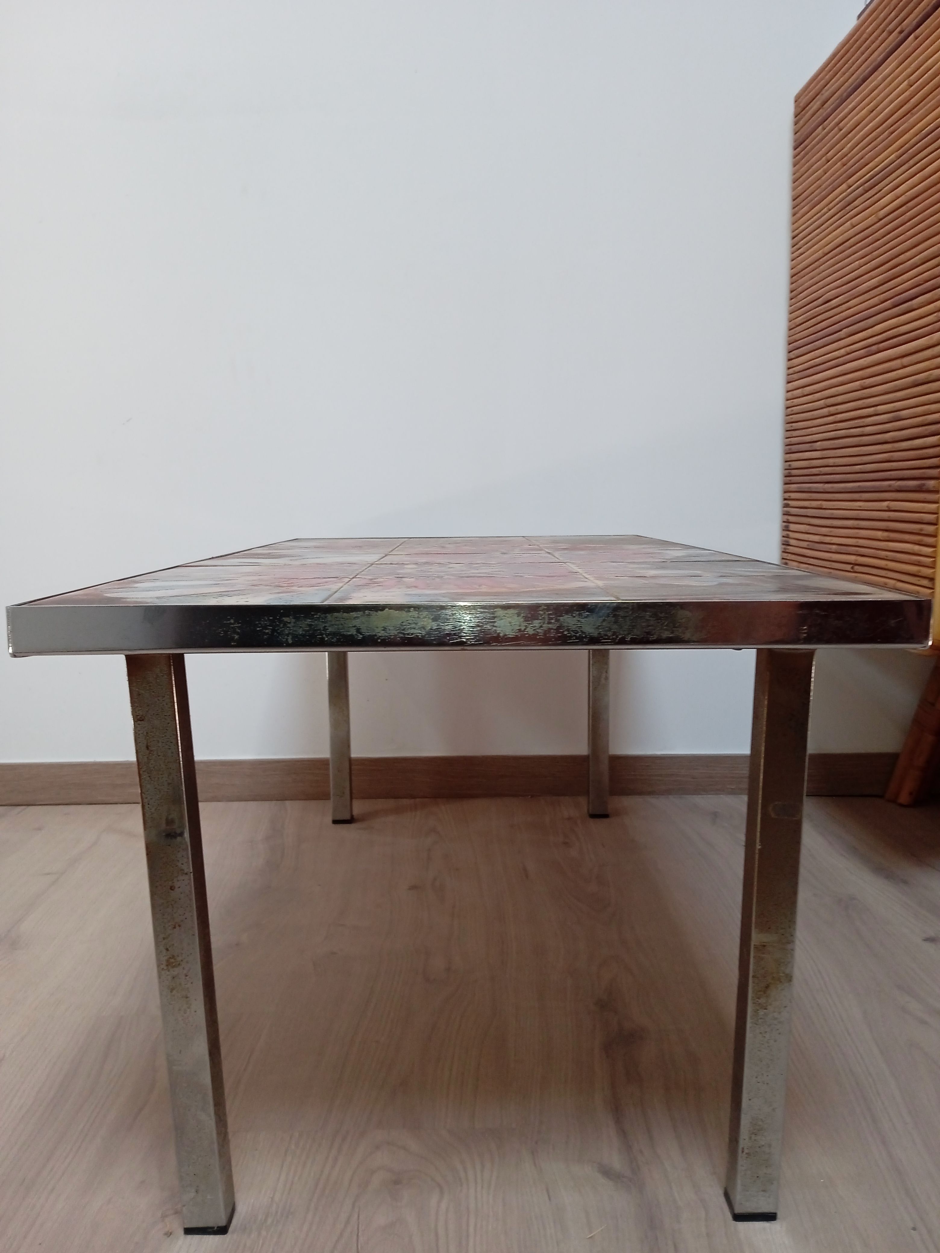 Vintage coffee table metal chrome annes 70 painted ceramic sign vallauris la grange