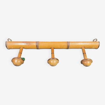 Old turned wooden coat rack 1930 bamboo style - 3 hooks