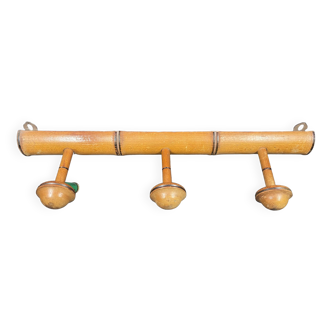 Old turned wooden coat rack 1930 bamboo style - 3 hooks