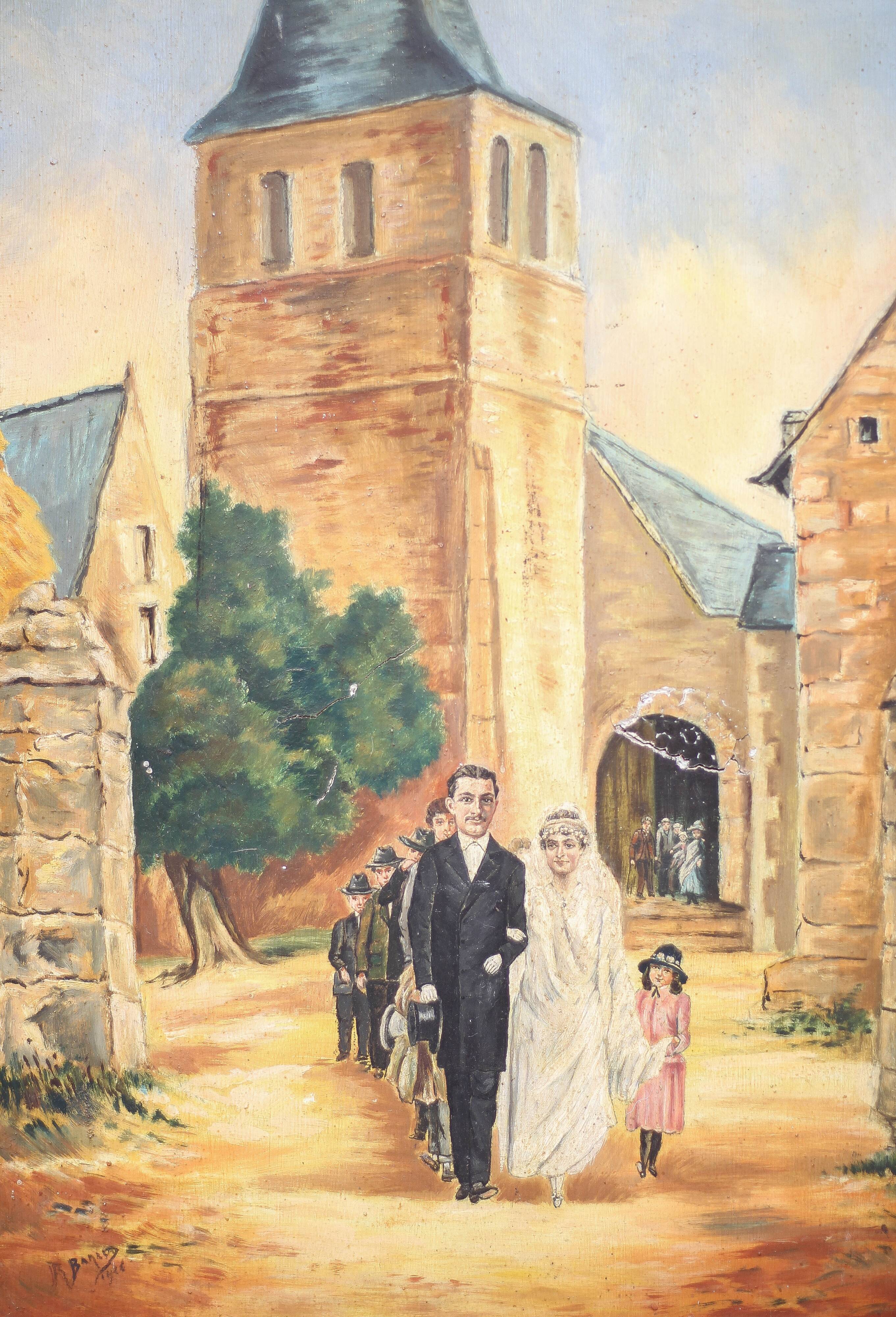 Signed painting, wedding painting in village, large framed painting