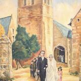 Signed painting, wedding painting in village, large framed painting