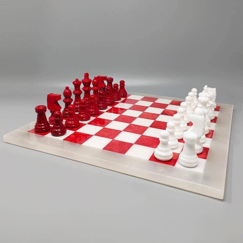 1970s Italian Volterra Alabaster Chess Set – Rare in Red & White. Made in I