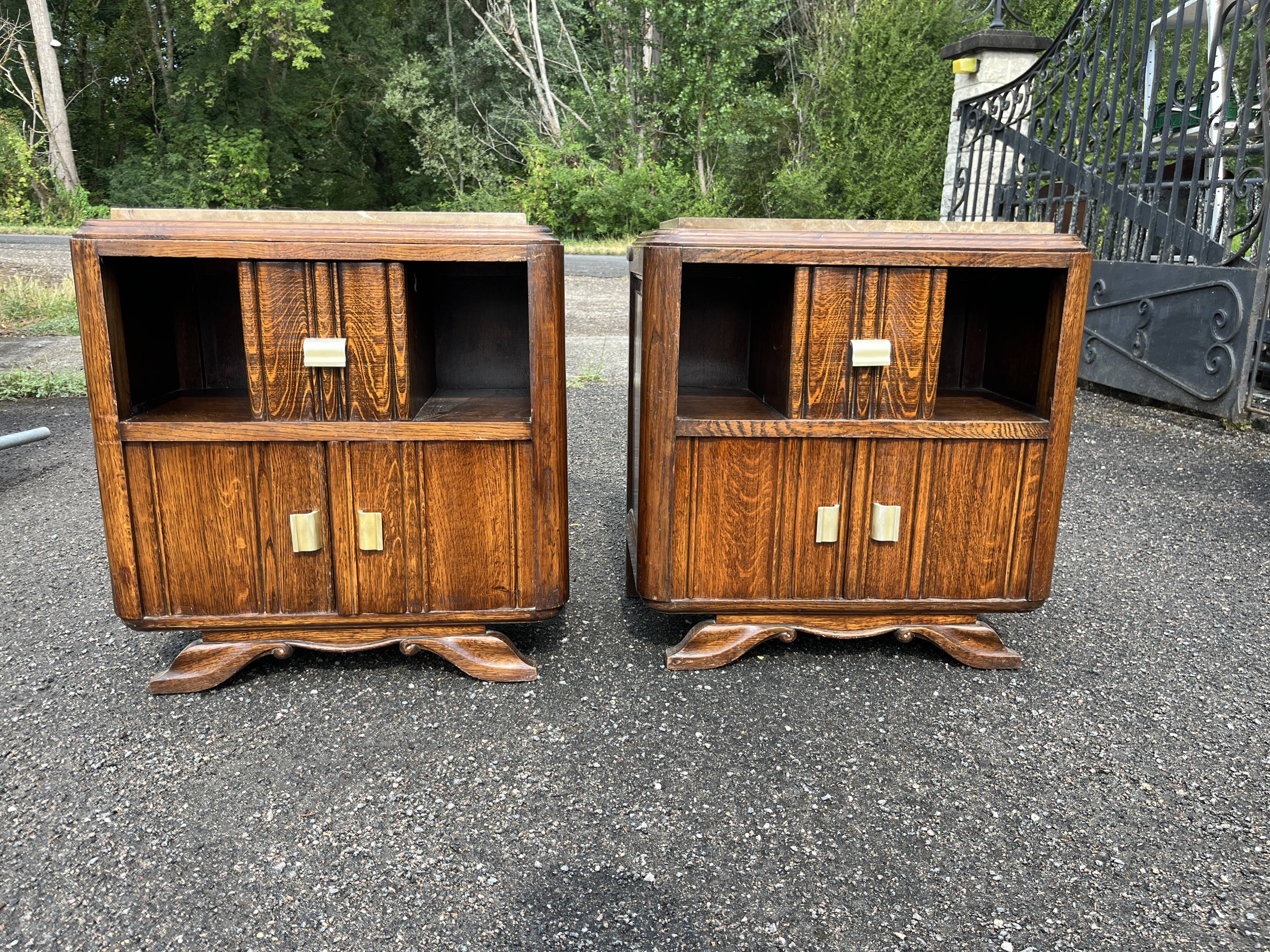 Pair of antique oak bedside tables - Art Deco style with tops