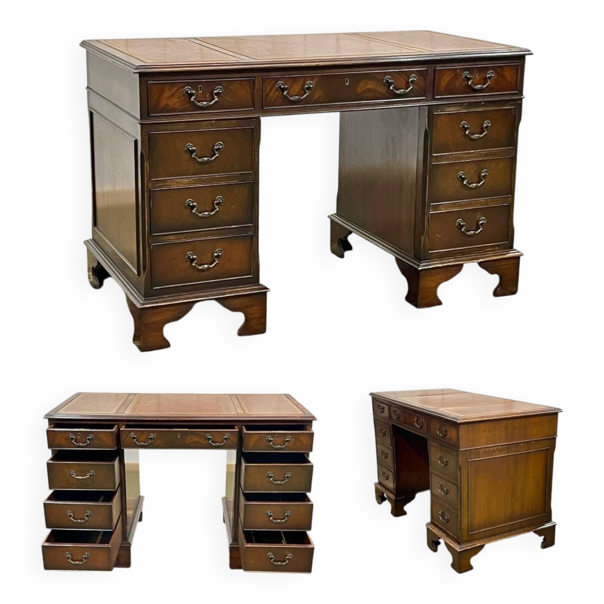 English mahogany pedestal desk with leather top from the 1950s