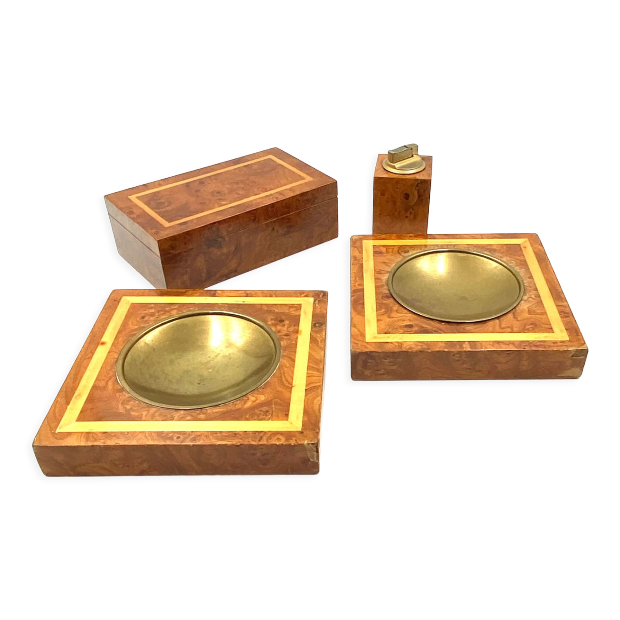 Smoking Set, brass and wood ashtrays, lighter and cigars box, Italy 1970