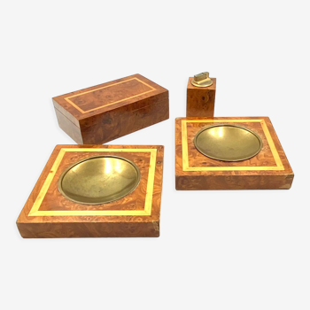 Smoking Set, brass and wood ashtrays, lighter and cigars box, Italy 1970