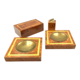 Cendriers en laiton et bois, briquet et boîte à cigares, italie 1970