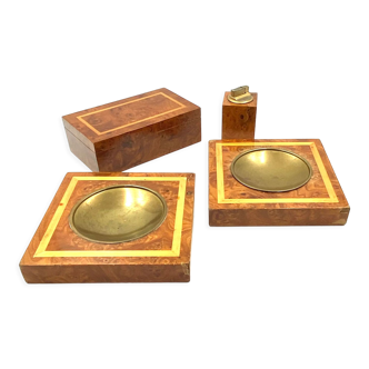 Smoking Set, brass and wood ashtrays, lighter and cigars box, Italy 1970