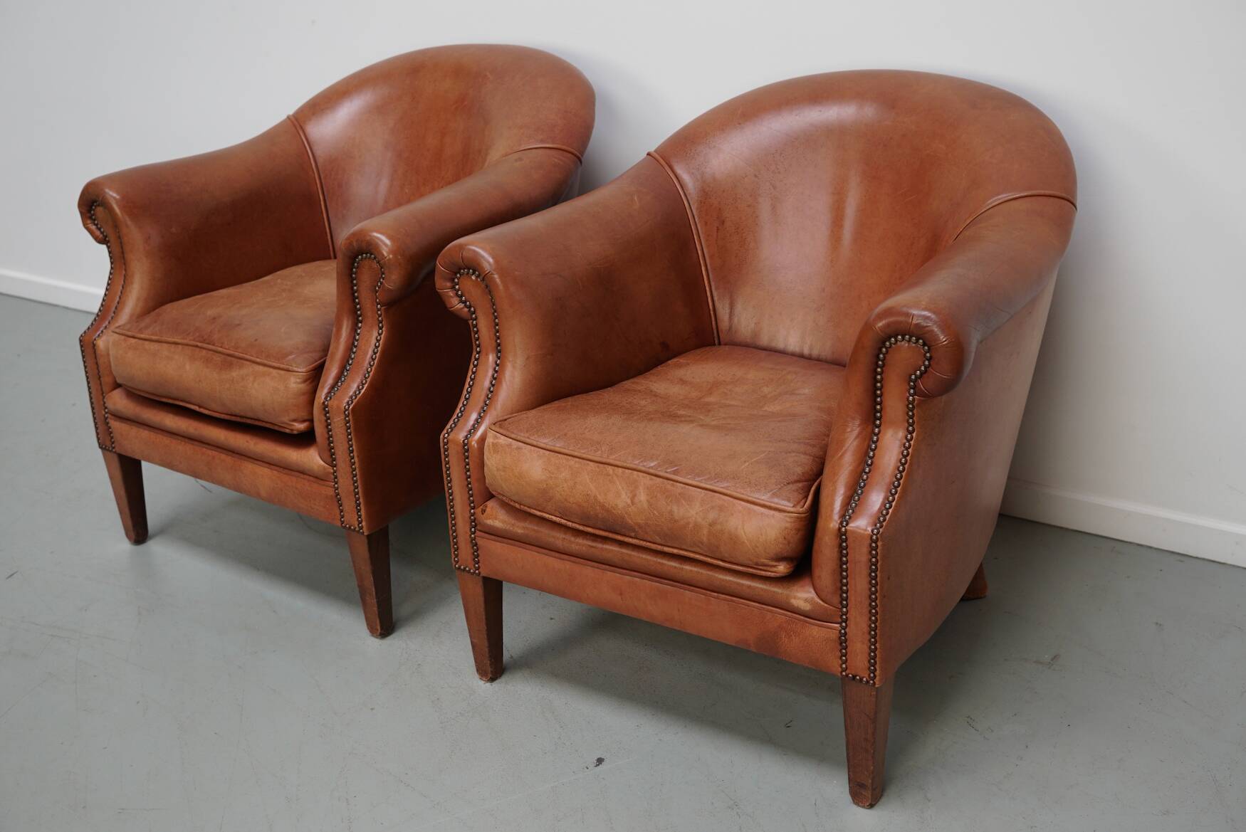 Vintage Dutch Leather Club Chairs in Cognac, Set of 2