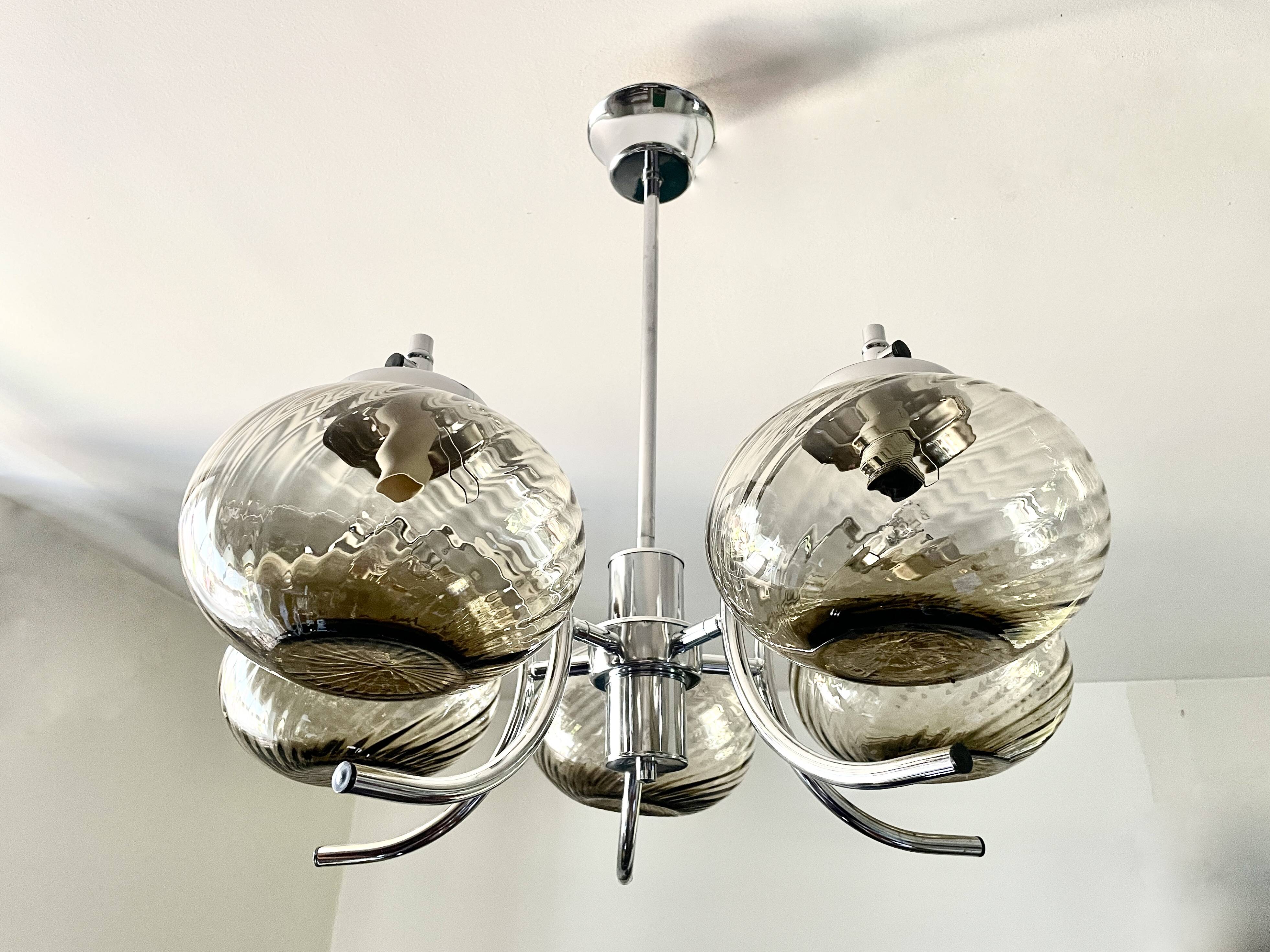 Large chrome and smoked glass chandelier 1970
