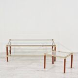 1970s gold chrome and leather coffee table + end table