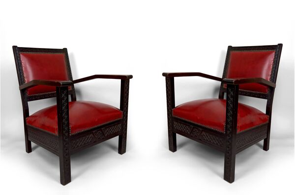 Paire de Fauteuils Art Deco Colonial en Bois Sculpté, Algérie, 1930