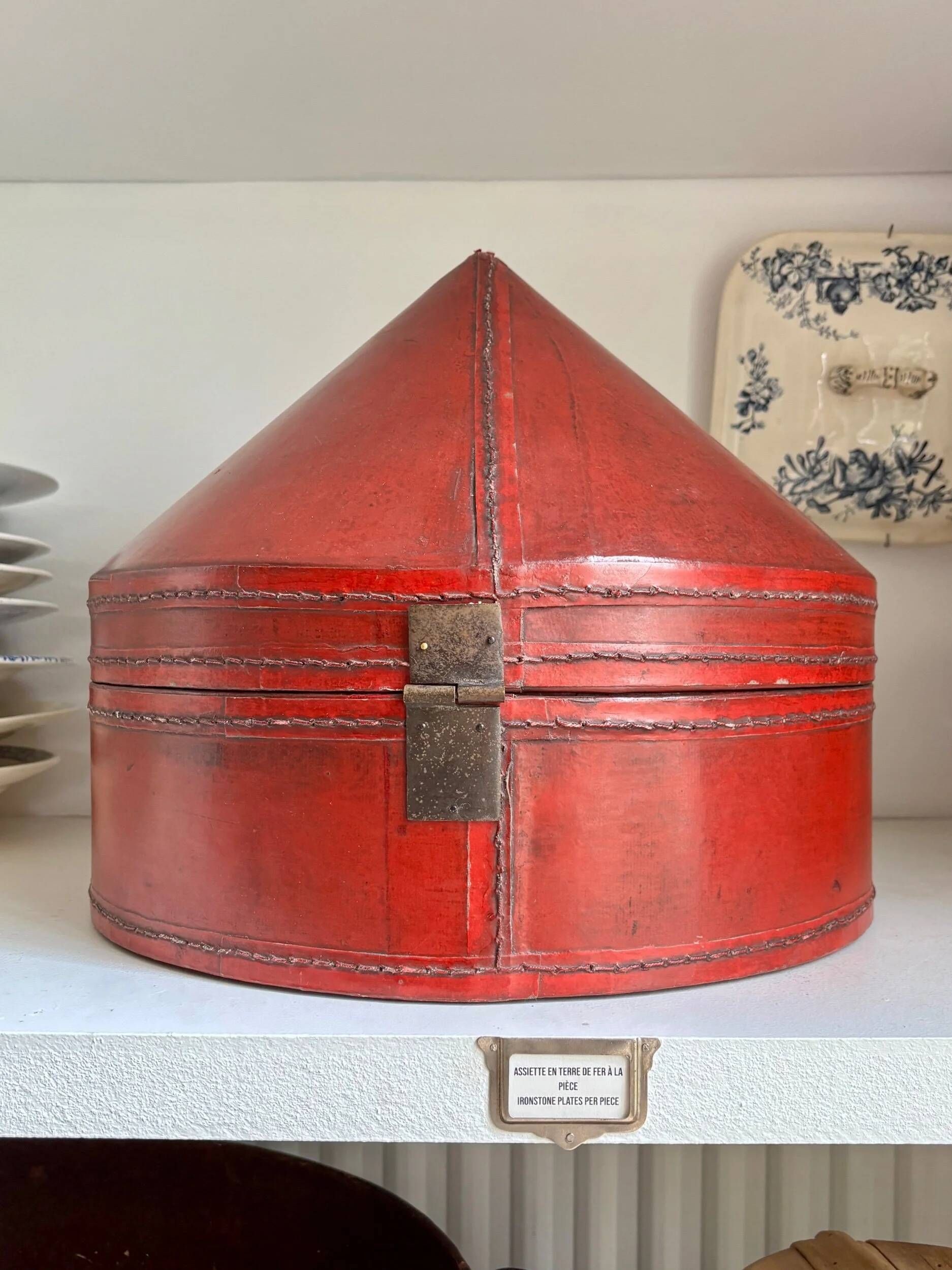 Red leather-covered hat box, China 19th century