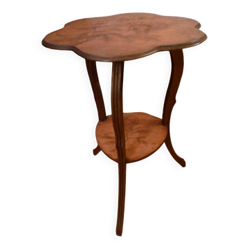 Gueridon table, Art Nouveau tea table in wood with floral decoration, signed Gervaise.