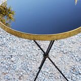 Side table from the 60s Whisky table top in black glass and gilded metal tripod base in