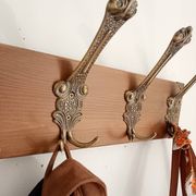 Vintage wall coat rack in patinated wood and metal – 4 double hooks