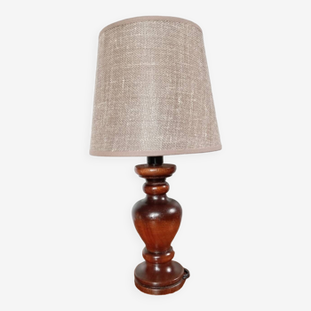 Lampe de chevet pied bois tourné style rustique, abat jour lin