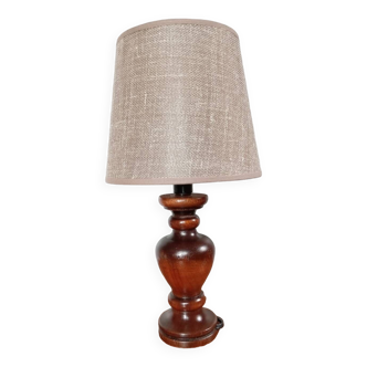 Bedside lamp with turned wooden base, rustic style, linen lampshade