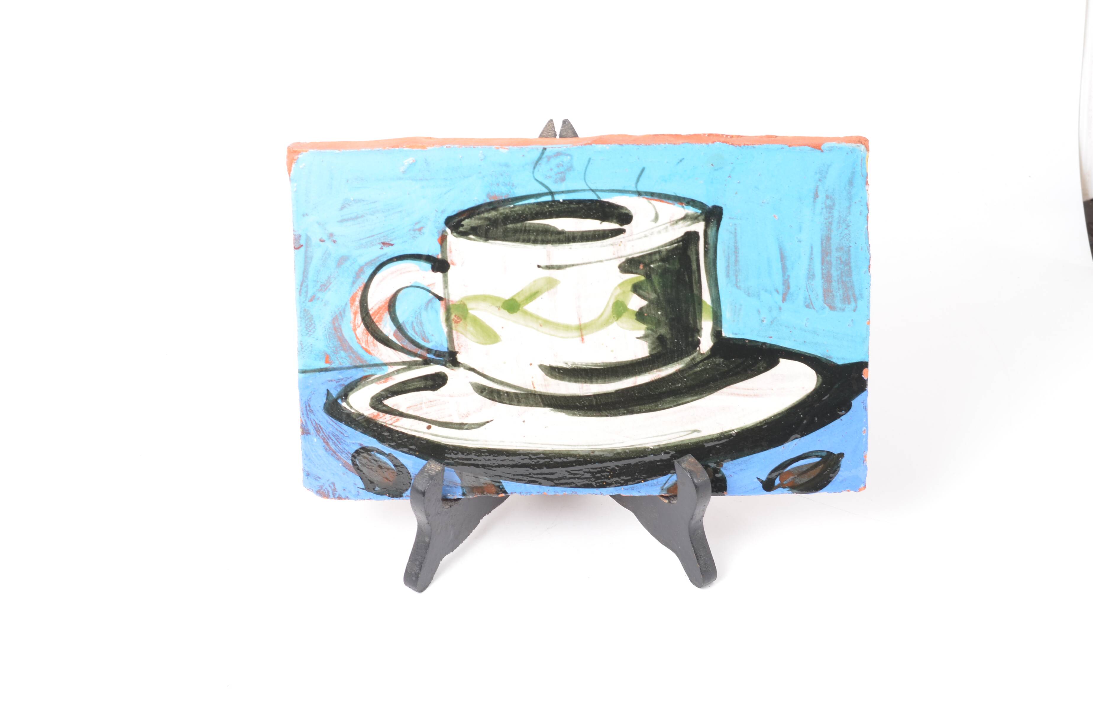 Painted terracotta tile, coffee cup