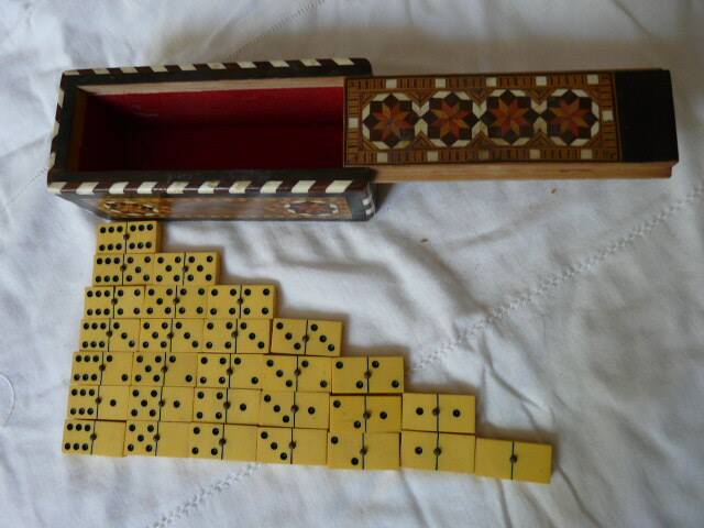 Antique Box of 28 Dominoes in Vintage Syrian Marquetry