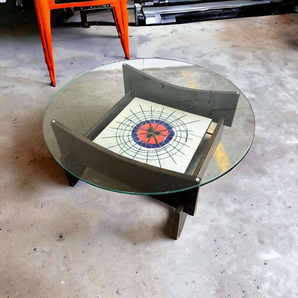 Vintage round coffee table with glass, wood and tiles