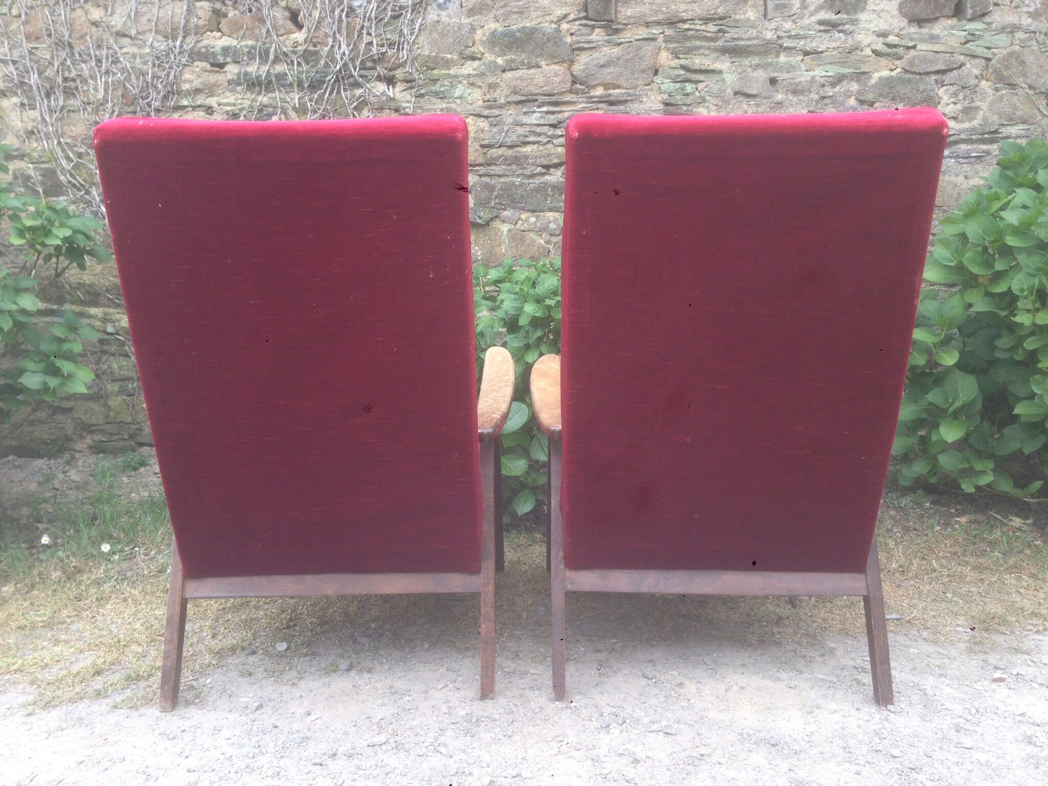 Pair of vintage armchairs with compass legs in beech and velvet.