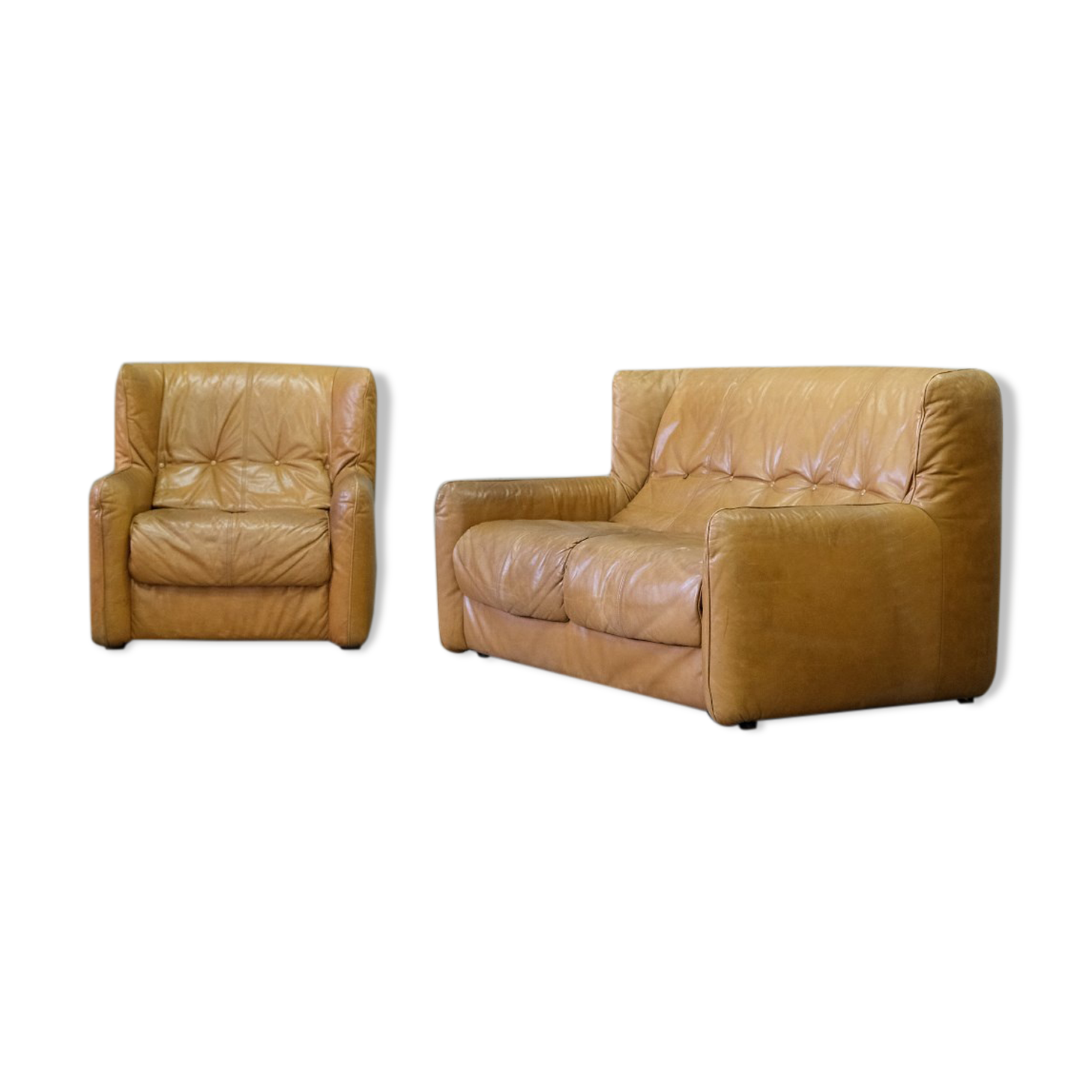Brutalistic italian leather living room set, 1970, set of 2