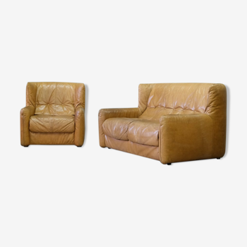 Brutalistic italian leather living room set, 1970, set of 2