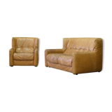 Brutalistic italian leather living room set, 1970, set of 2
