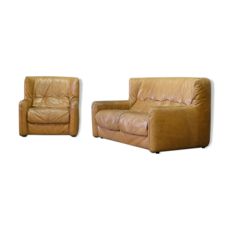 Brutalistic italian leather living room set, 1970, set of 2