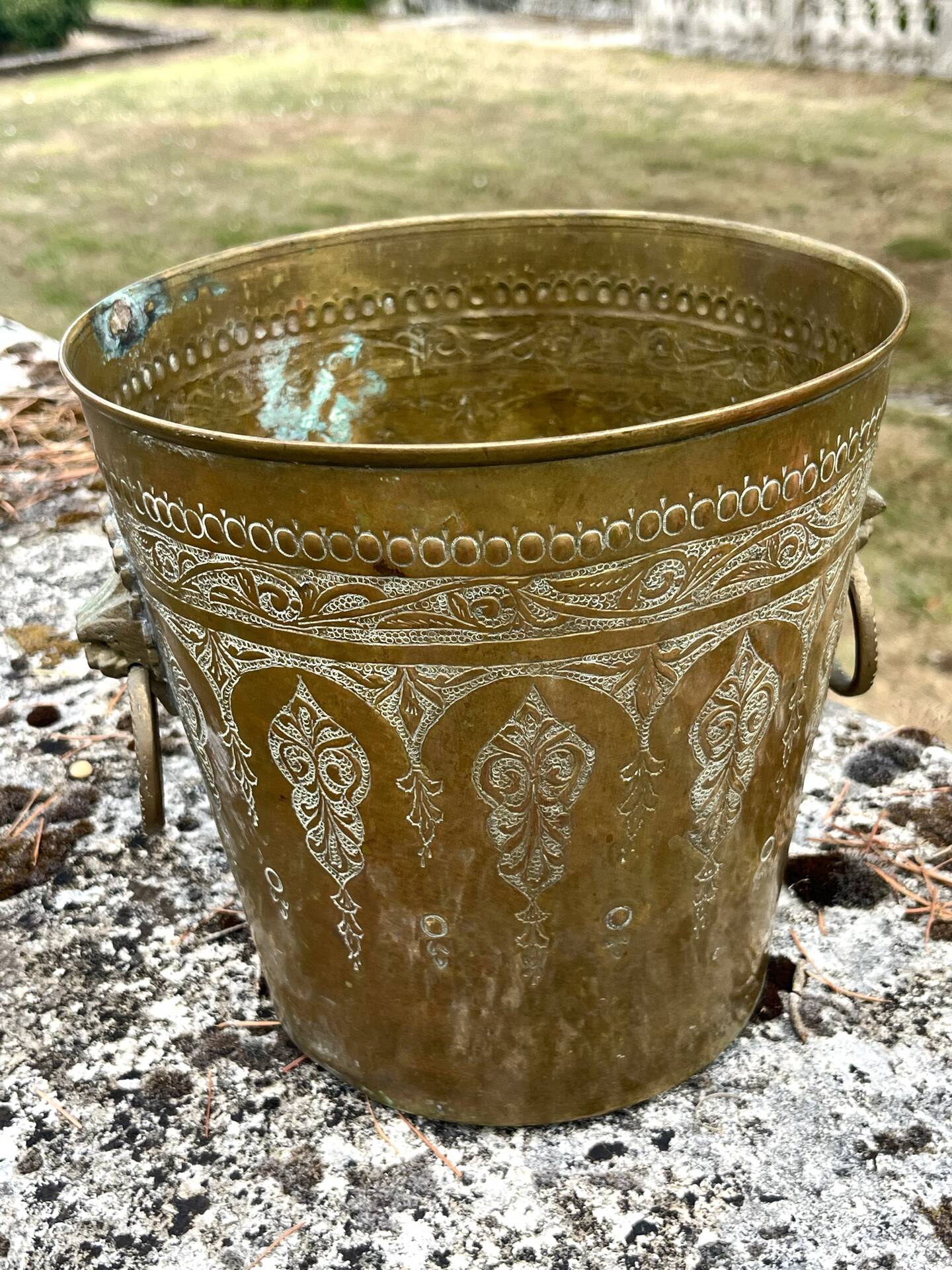 Persian Brass Champagne Bucket, Hand Engraved Ram Head Handles