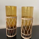 Set of 2 smoked orangeade glasses in woven wicker