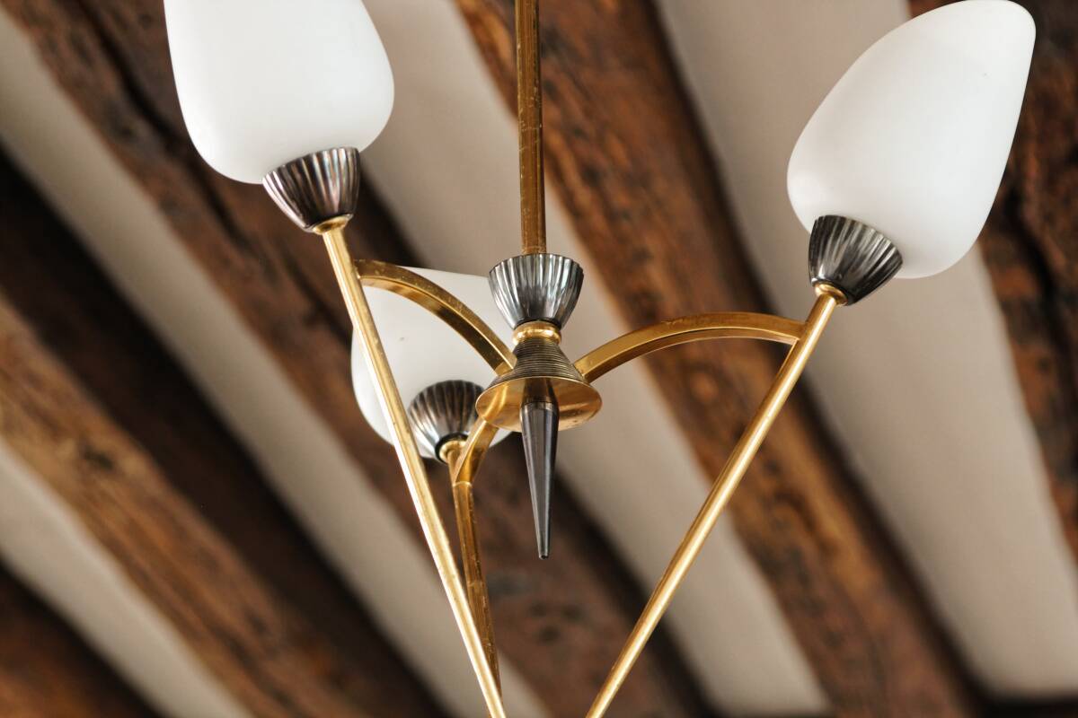 60s chandelier, brass and opaline