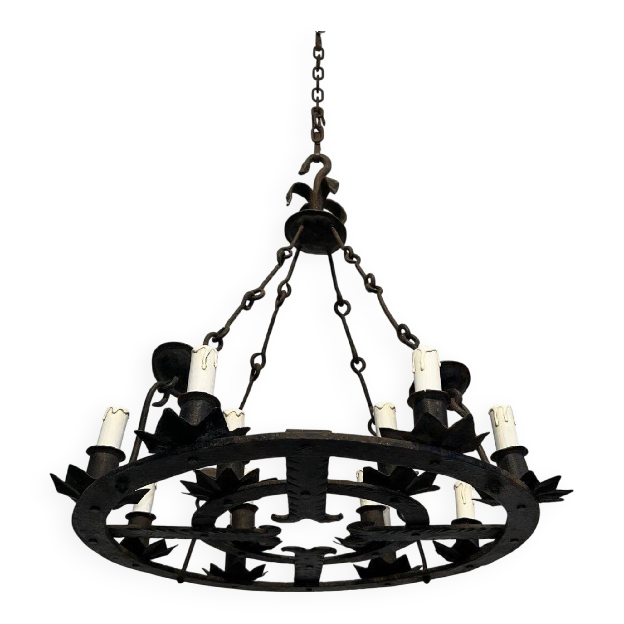 Wrought Iron Chandelier, 12 Lights, Gothic Style, French Work, circa 1