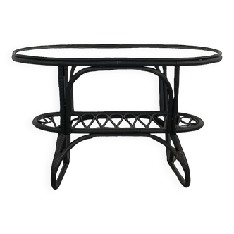 Black rattan and glass coffee table