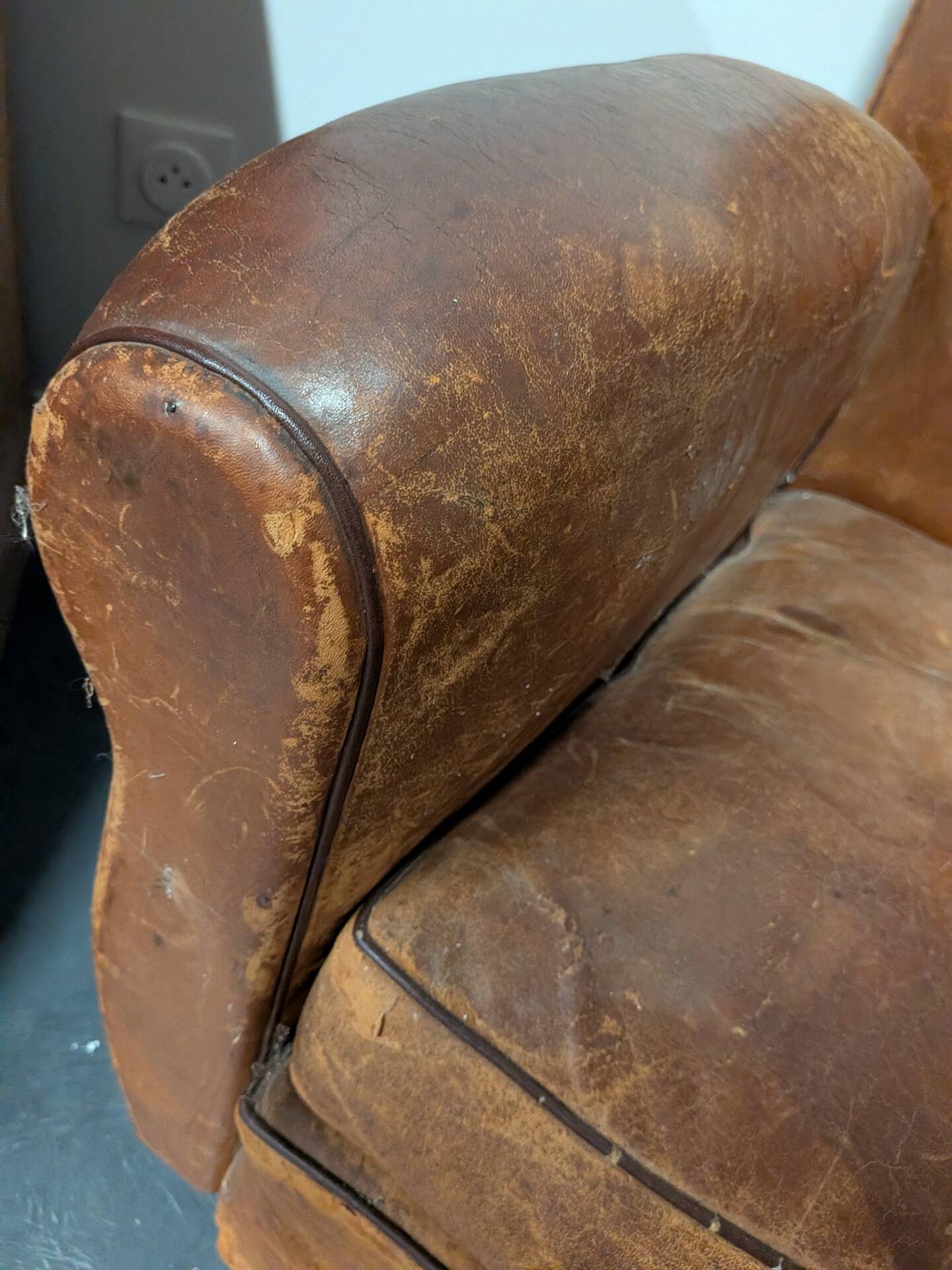 Pair of moustache club armchairs in leather, France, 1930s — to be restored.