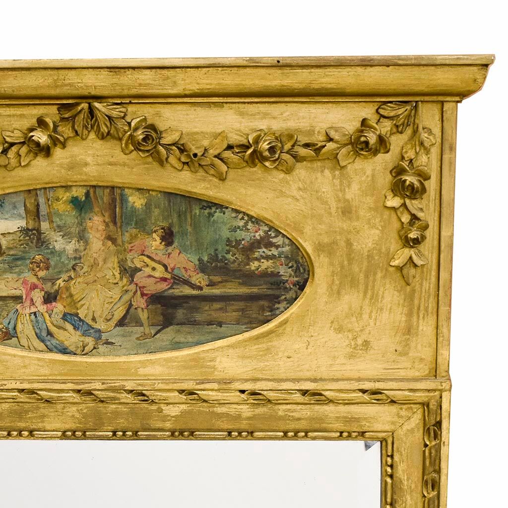 Mirror trumeau old golden wood carved pediment floral romantic painting h 135 cm