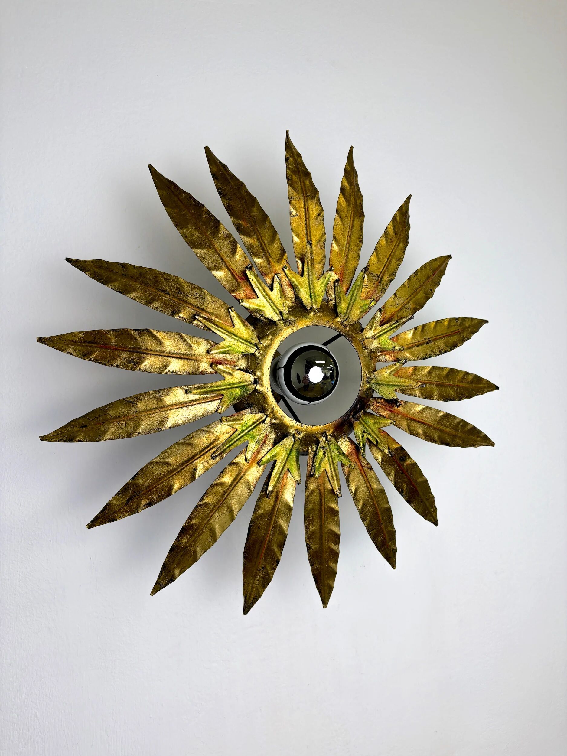 Mid-century modern sunburst light fixture with leaves, French craftsmanship, 1950s