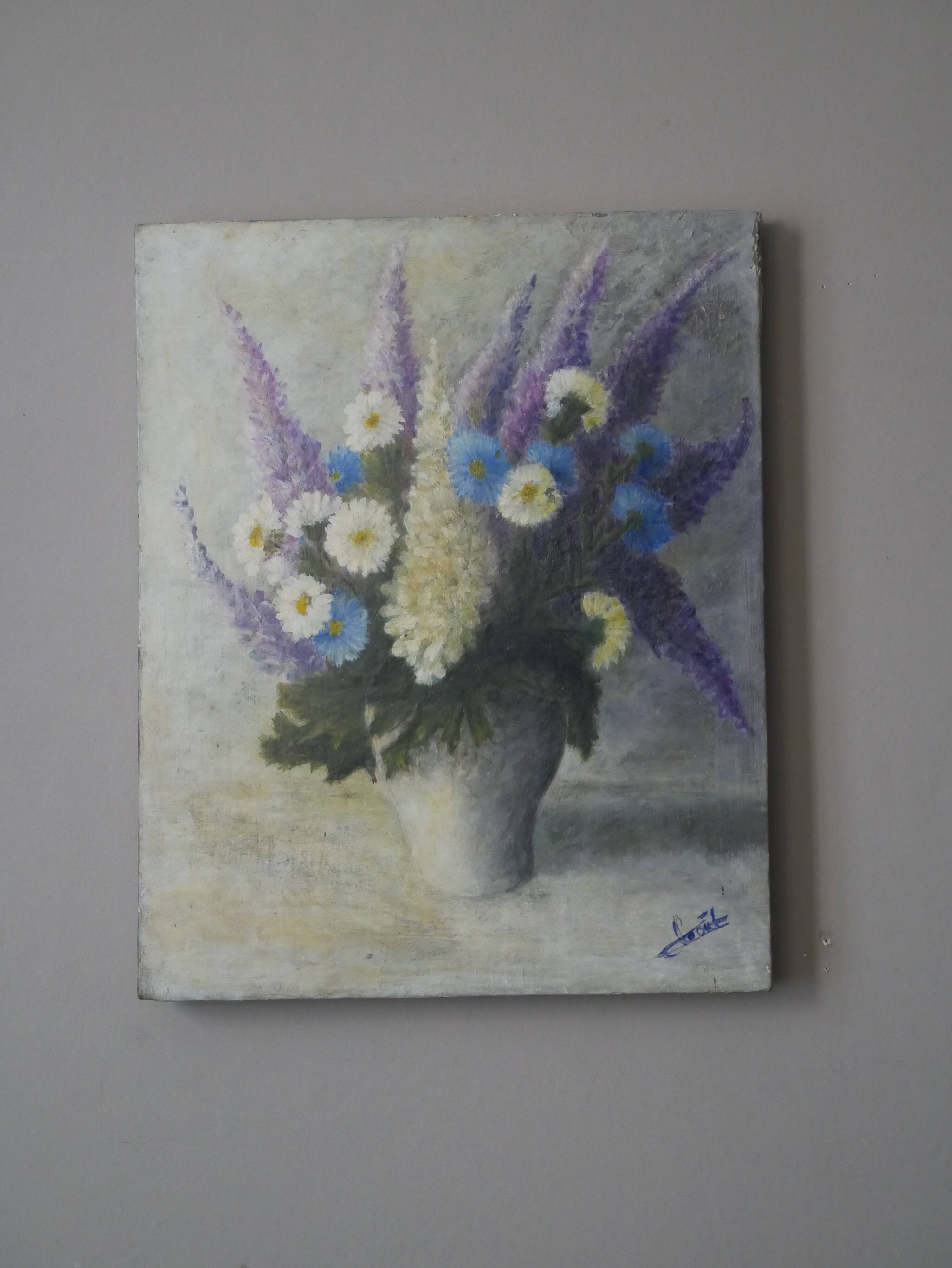 Oil painting on canvas floral composition still life bohemian countryside