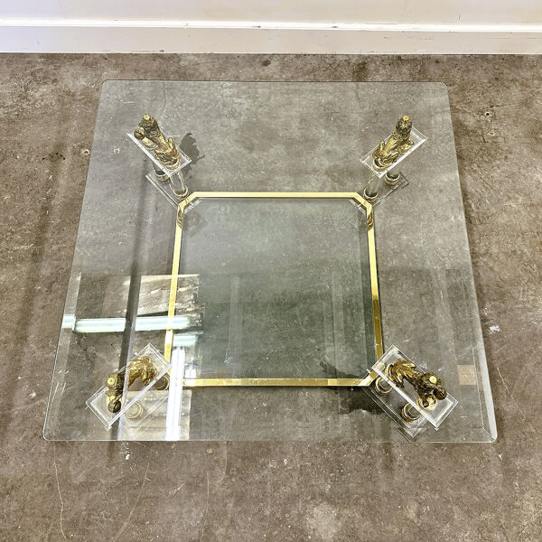 Table basse vintage française en lucite et verre avec lions en laiton, années 1980
